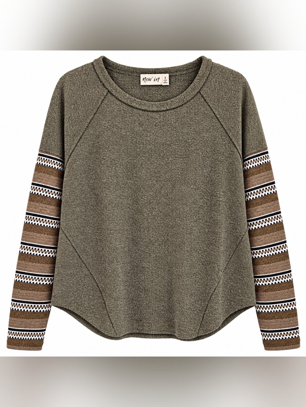 Olive Green Textured Crewneck Top with Striped Sleeve Detail